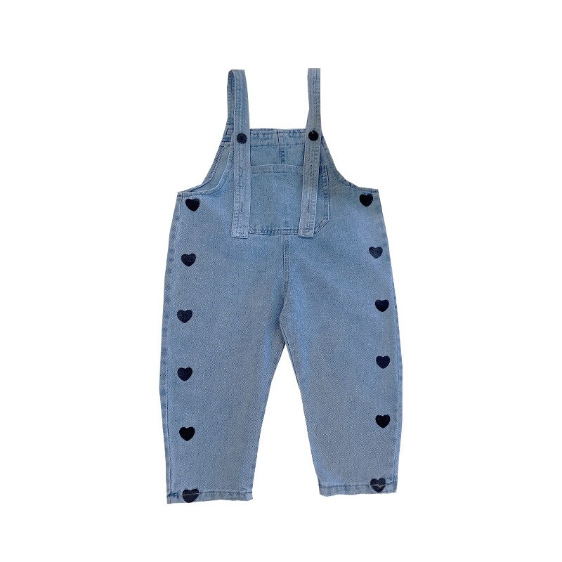 Salopette en jean ample avec imprimé cœur noir pour filles, salopette décontractée à bretelles, douce et assortie, pour enfants de 1 à 6 ans, printemps automne