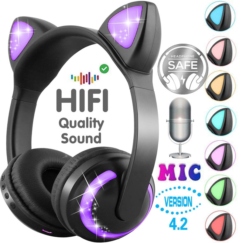 ZW-19 Bluetooth Hoofdtelefoon LED licht Kat Oren Headset Draadloze Oortelefoon HIFI Stereo Bass hoofdtelefoon voor Telefoons met microfoon