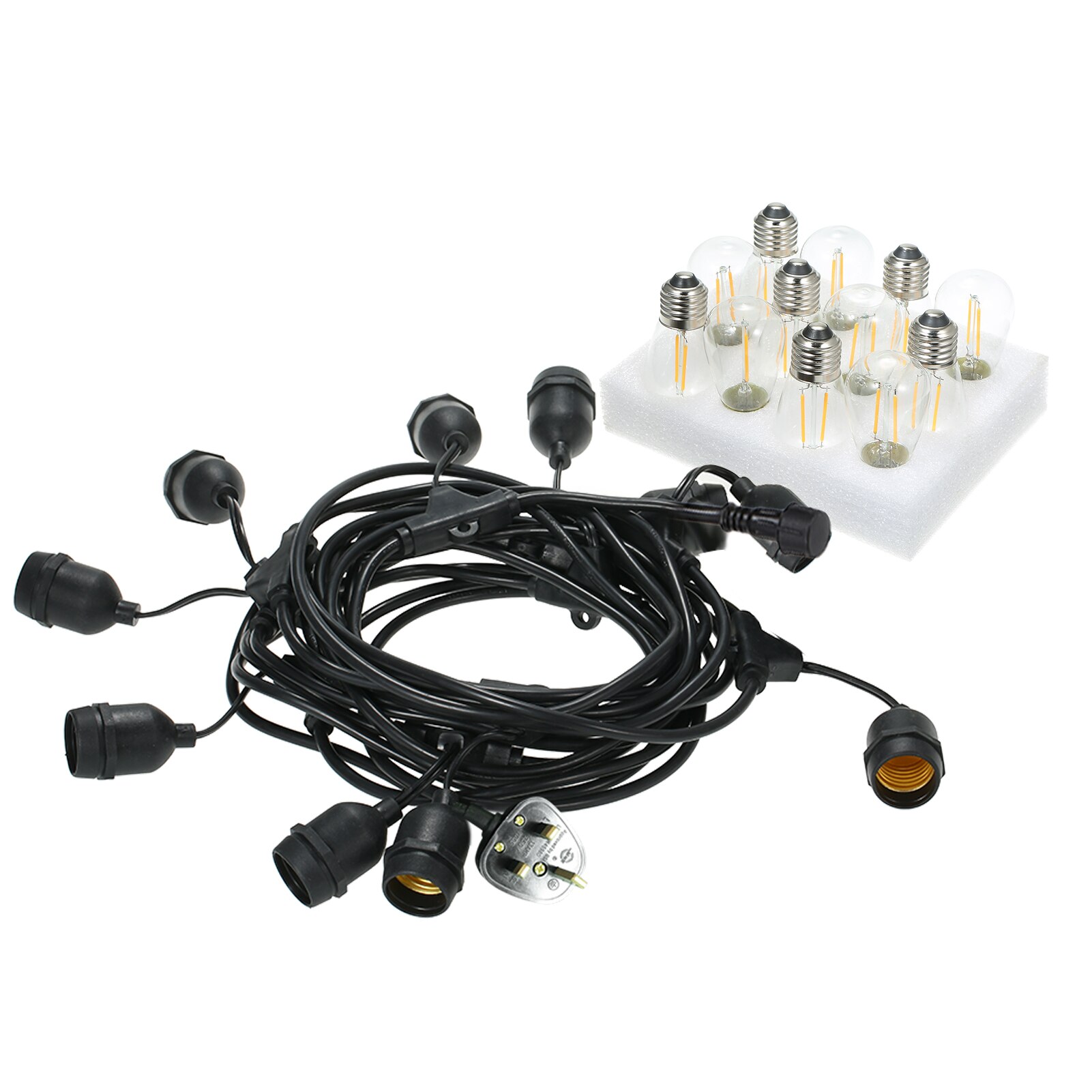AC220-240V 15W 10M/ 32.8FT Fairy String Licht Kit 2 Reservelampjes E27 Base S14 10Pcs Leds filament Party Wedding Kerst IP65