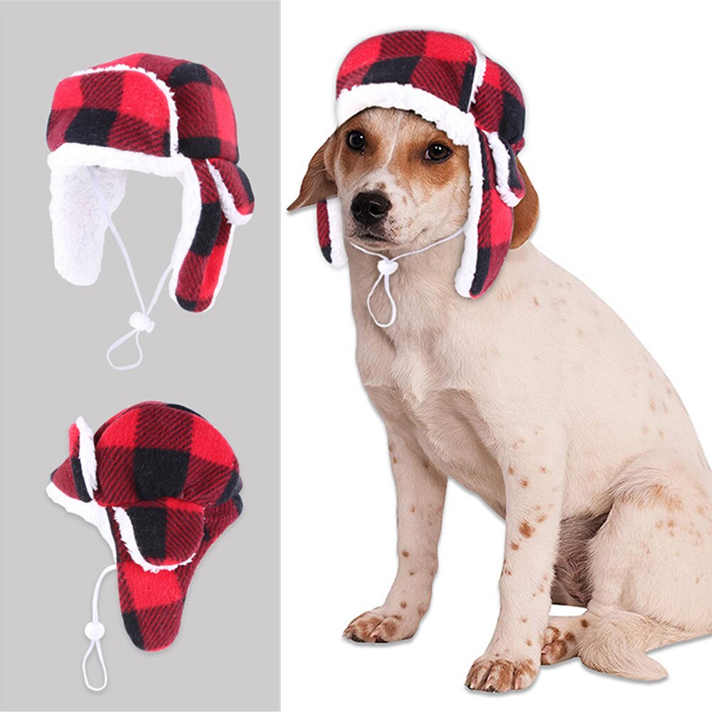 Herfst Winter Pet Hoed Grote Hond Outdoor Wandelen Winddicht Hoeden Pluche Warm Puppy Plaid Baret Cap Franse Bulldog Pet Hoofddeksels