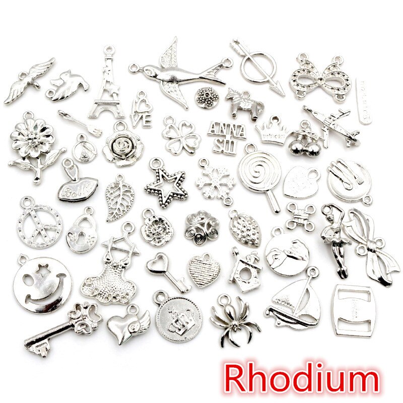30 stk blandede stilarter dyr hjerte blad blomst krone charms vedhæng diy smykker fund til halskæde armbånd gør tilbehør: Rhodium
