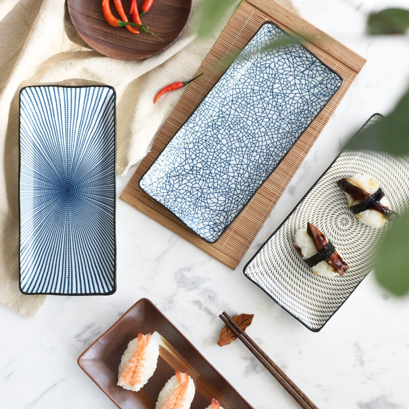 Japansk hengfeng blå og hvid keramisk lang sushi tallerken porcelæn fiskefad til bbq restaurant