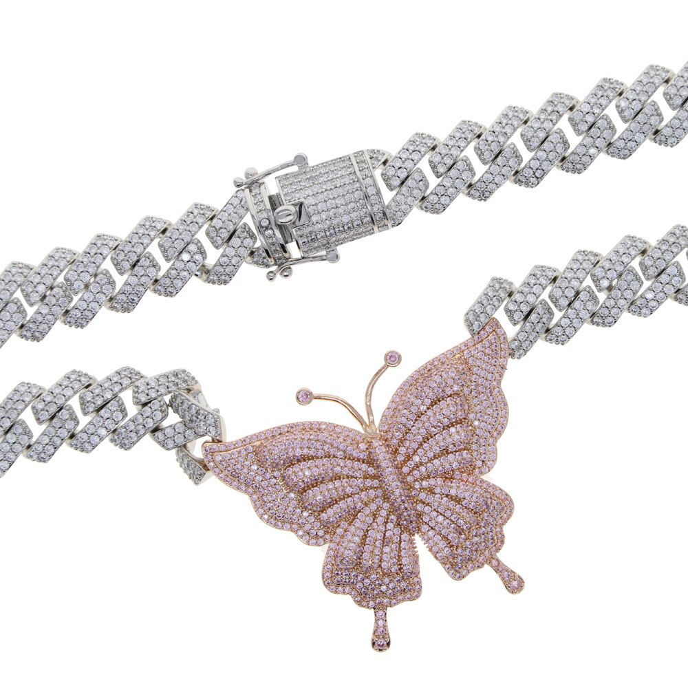Novo 15mm iced para fora bling cz cubana link corrente rosa ouro rosa borboleta colar de prata cor 2row cz gargantilha feminino hip hop jóias