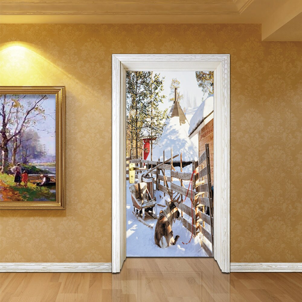 2 vellen/st. festival kerstboom deur muursticker speciaal besneeuwde dag landschap kunst muurschildering poster voor café restaurant winkel decoratie