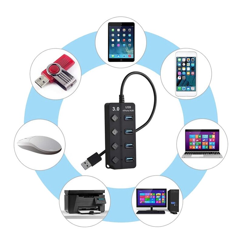 4-Port USB 3.0 Hub With Individual Power Switches, Portable Data Hub Compatible For USB A Devices, 5Gbps Transfer Speed