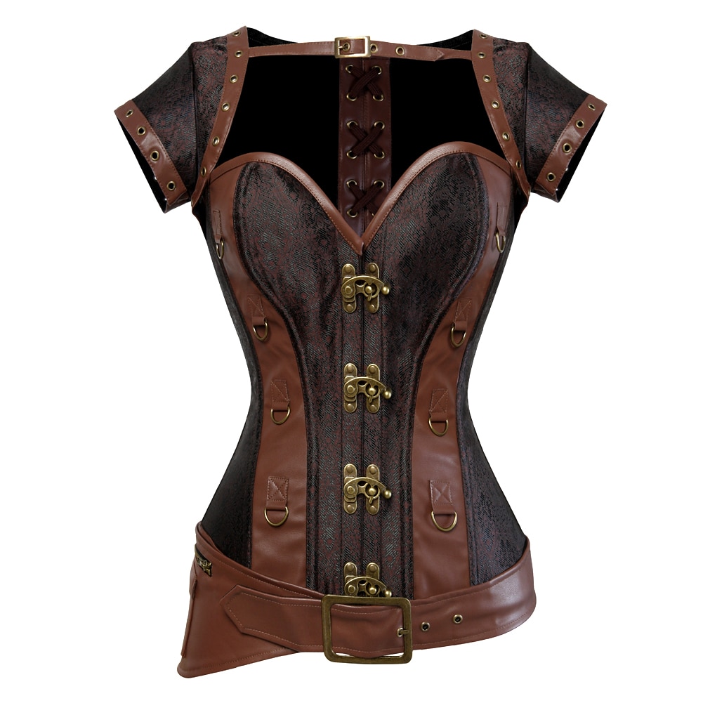 Corsé Steampunk Vintage para mujer, corpiño marrón de talla grande, de piel sintética corseros, ropa Gótica Renacentista, corpiño por encima del pecho