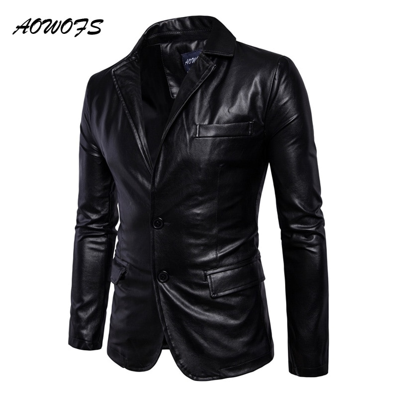 AOWOFS Heren Lederen Blazers Slim Fit Blazer Masculino Lente Herfst Bruin Zwart Lederen Blazer Mannen Jassen Plus Size 5XL