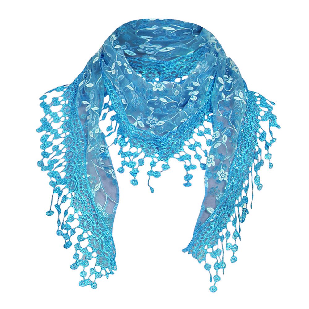 Dames kanten doorschijnende bloemensjaal, omslagdoek, kwastjessjaal, holle print, kanten sjaal met franjes, accessoires voor dames  #w5: Hemelsblauw