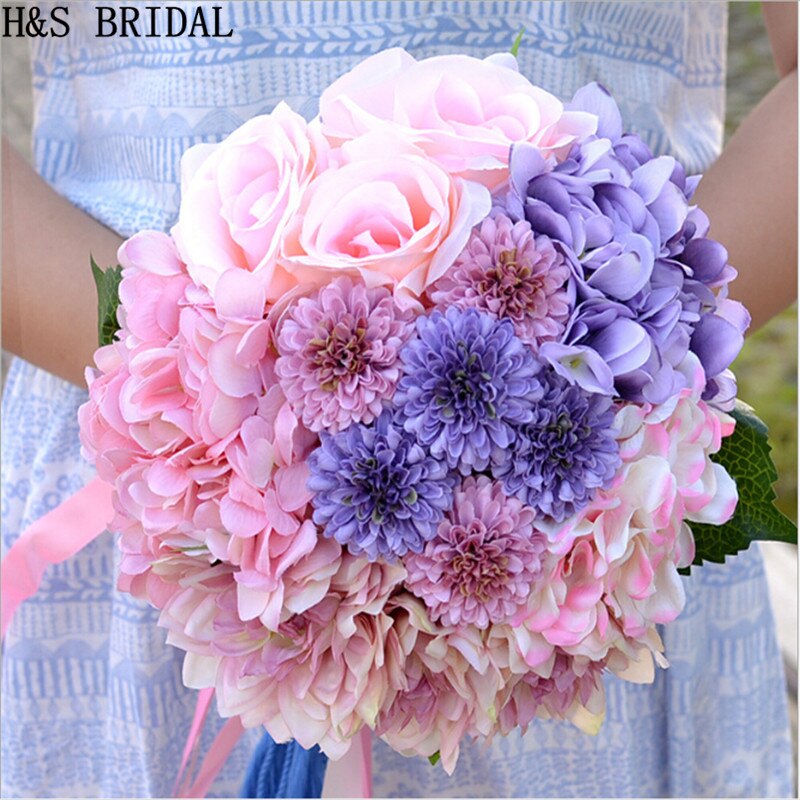 Mooie Paars Roze Kleur Bruids Bruidsmeisje Bloem bruidsboeket kunstbloem rose bruidsboeketten