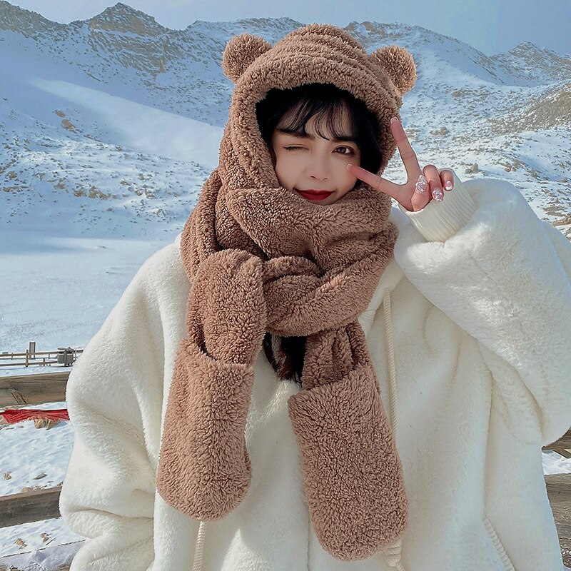 INS Bear – ensemble de gants et écharpes en peluche pour femme, chapeau et décontracté, en molleton solide, accessoires Kawaii, nouveauté hiver: Brown 3Pcs suit