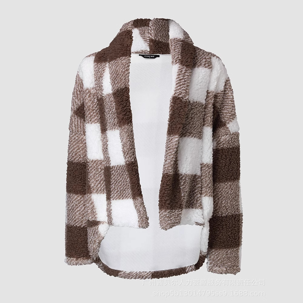 Damesjas Kaki herfst- en winterfleece geruit patroon Casual vest met vleermuismouwen voor dames