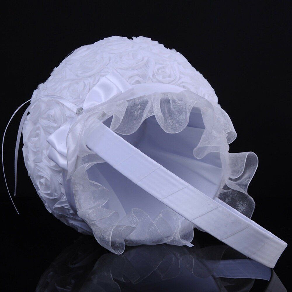 Canasta para flores boda ceremonia blanca satén encaje malla lazo floral Rhinestone perla flor cesta