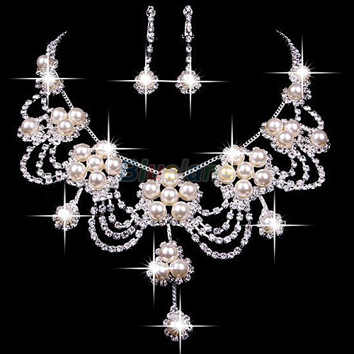 Sliver Plated Rhinestone Crystal Faux Pearl Necklace + Earring Sieraden Set Voor Bruid Bridal Wedding A7UR
