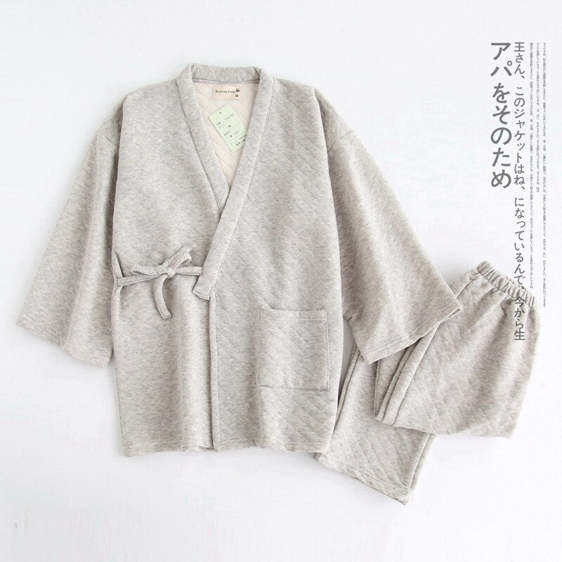 Vinter hold varmen 100%  bomulds scuba kimono robes herre ren farve japansk tykkere termisk pyjamas herre robe kjole sæt badekåber: Jh rbs grå / L