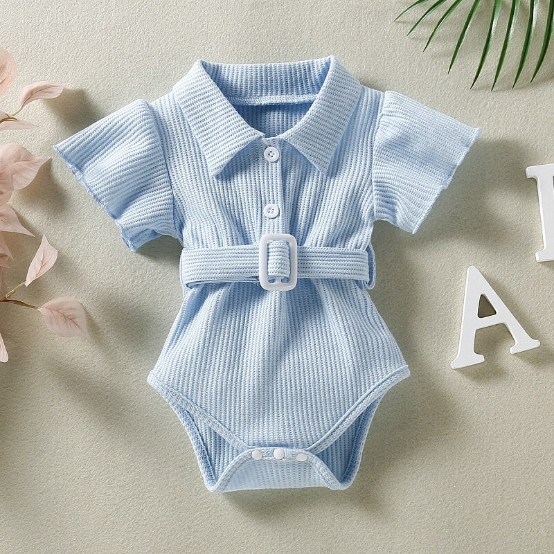 Newborn Baby Girl Cotton Ribbed Romper Short Fly Sleeve Infant Toddler Baby Ropa Waist Belt Bebe Jumpsuit Baby Clothing 0-2Y: blue / 2T