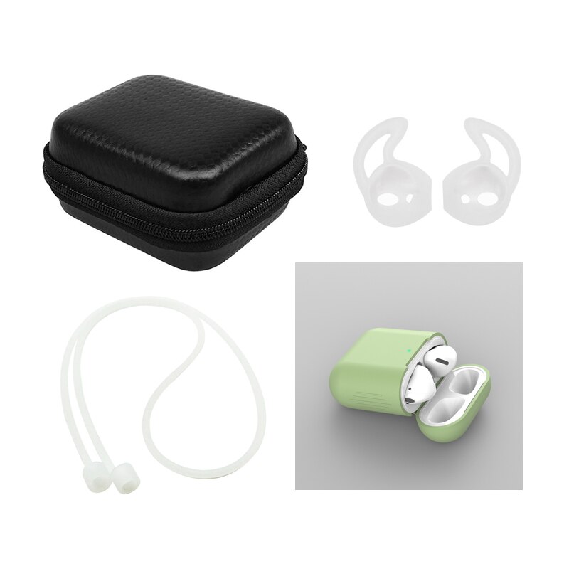 Zachte Siliconen Case Beschermhoes Kit Voor Apple Airpods Bluetooth Oortelefoon Oorhaak Opbergdoos Anti-verloren Touw Voor air Pods 2: MatchaGreen