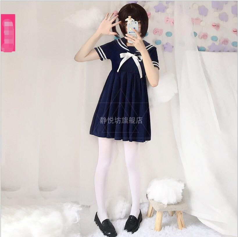 Vestido vintage de manga corta estilo azul marino para chicas adolescentes, estilo lolita japonés, estilo marinero, para estudiantes universitarias.