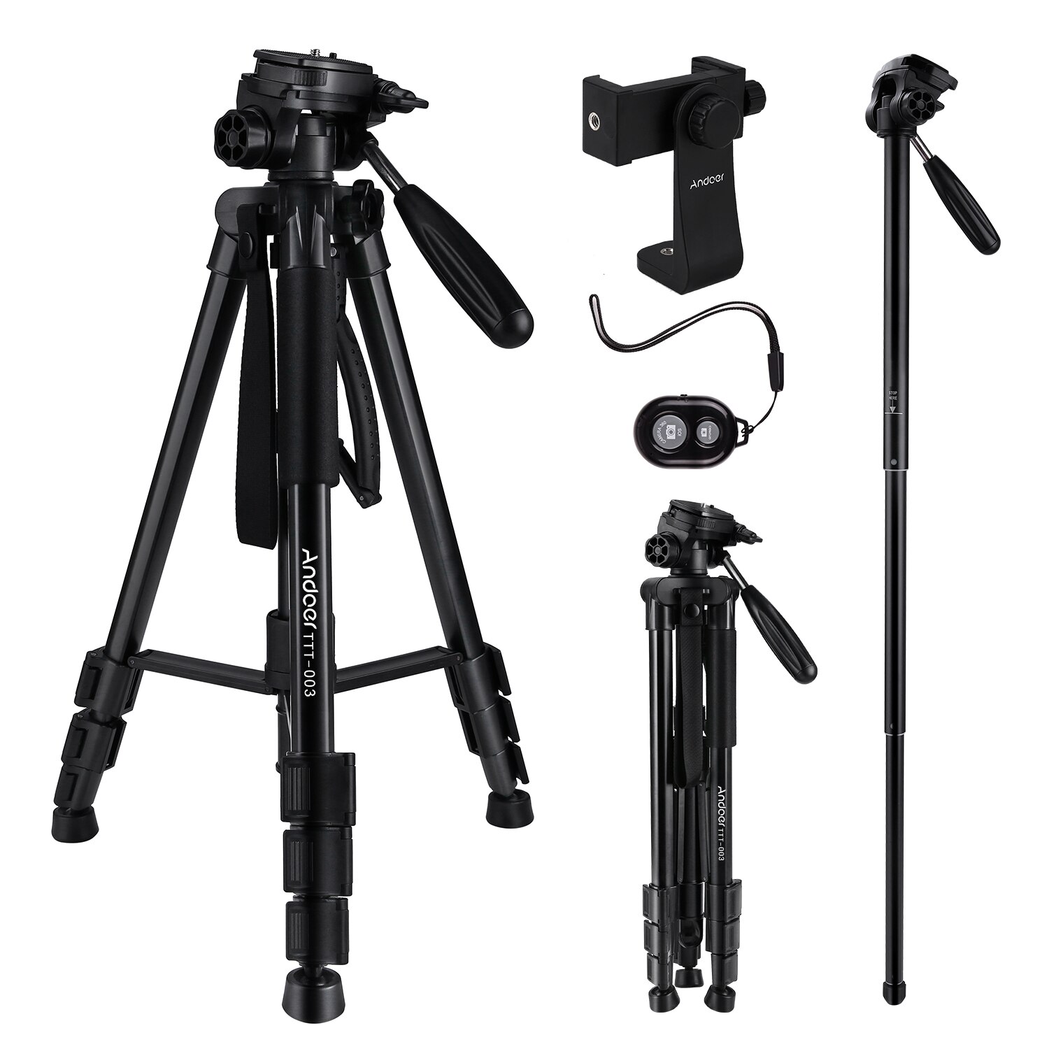 Andoer TTT-03 2-in-1 fotografia treppiede monopiede Stand in lega di alluminio 3-Way girevole Pan testa 163cm Max. Altezza 5kg capacità di carico