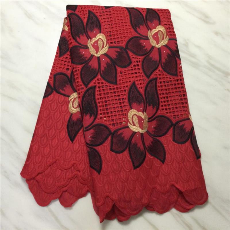 Tela de algodón de gasa Suiza perforada, lazo leche seda, bordado de flores con piedra, 5 yardas, brocado nigeriano, tejido francés africano: Rojo