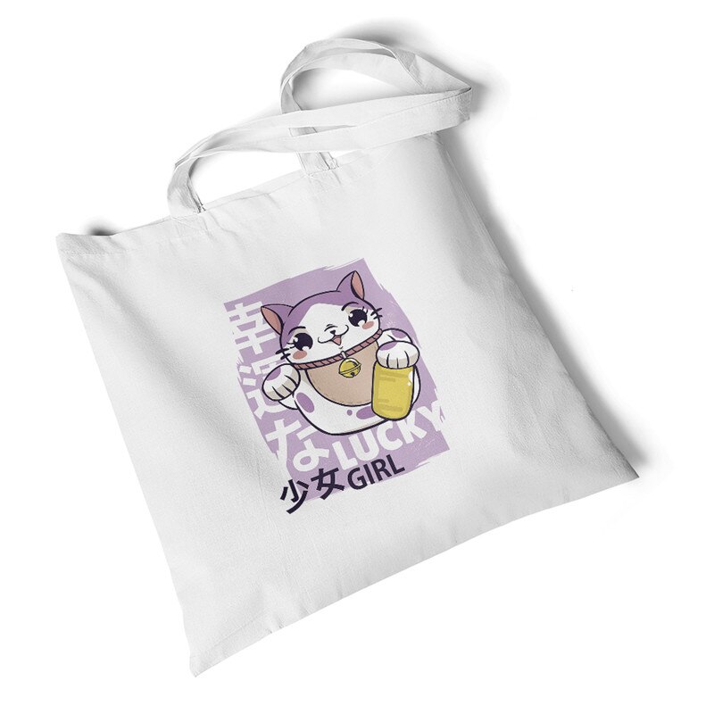 Milieuvriendelijke boodschappentassen dames dierenprint canvas tas strand grote casual handtassen originele studenten schoudertassen: Gelukkig meisje