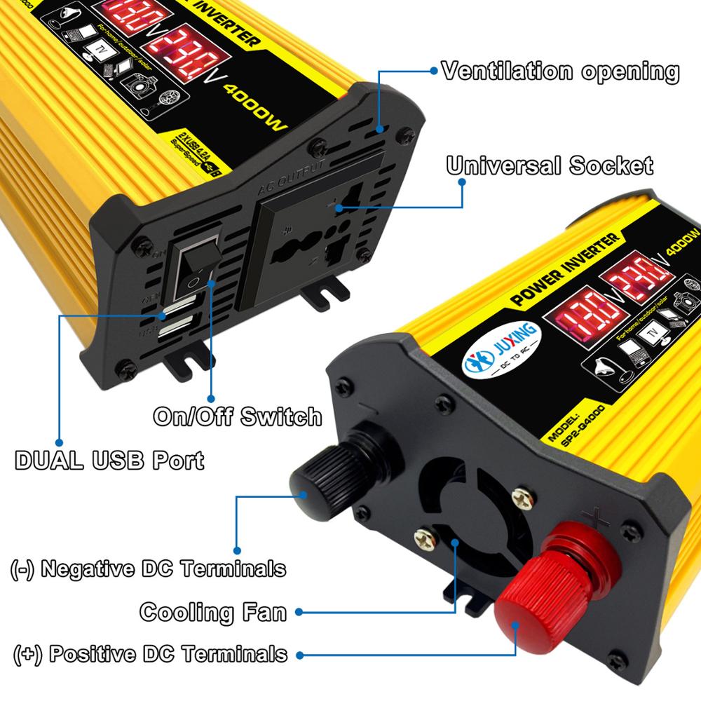 Juxing 4000w omvormer met dubbele digitale display transformator  dc 12v naar  ac 110v/220v dubbele usb gebruik voor auto, buiten