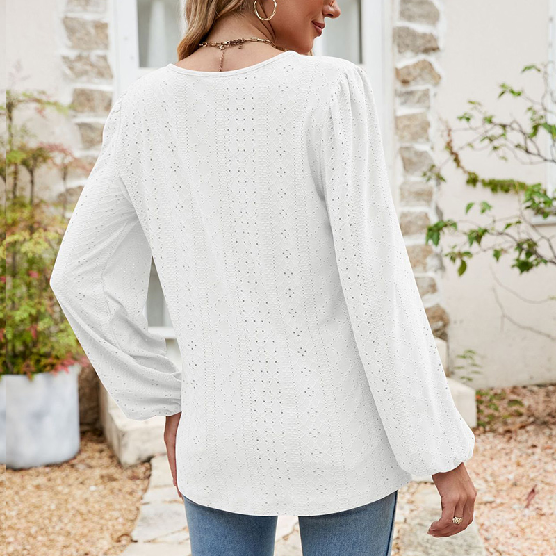 Toppe kvinder forår efterår pufærmer løs v-hals pullover ensfarvet udhulet blonde kontordame koreansk stil popularitet t-shirt