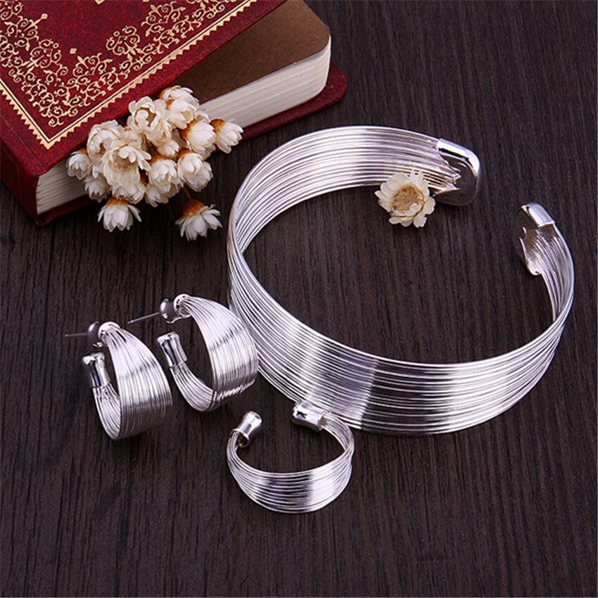 925 Zilveren Kleur Ringen Armbanden Sieraden Set Vrouwen Fijne Retro Multi-Line Bangle Verstelbare Size Party