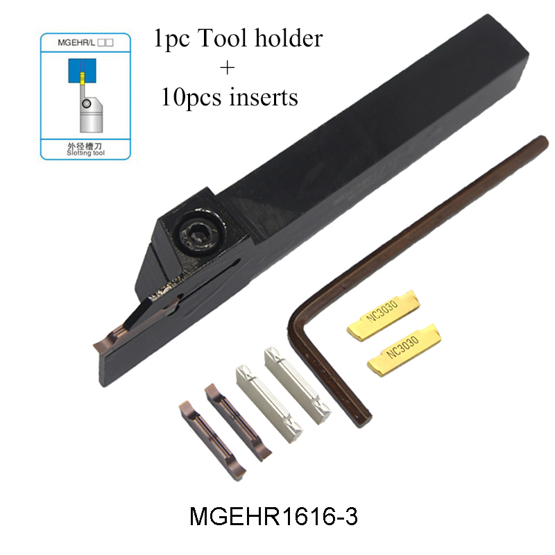 1pc MGEHR1616-3 MGEHL1616-3 tool holder and 10pcs MGMN300 M PC9030 NC3030 H01 inserts grooving turning tool holder set