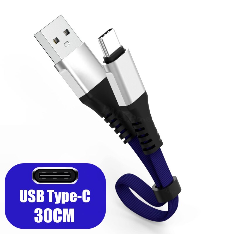 30cm korte kabel type c micro usb hurtig opladning dataledning til xiaomi huawei mobiltelefon power bank batteri bærbart usb kabel: Blå / 30cm for type c