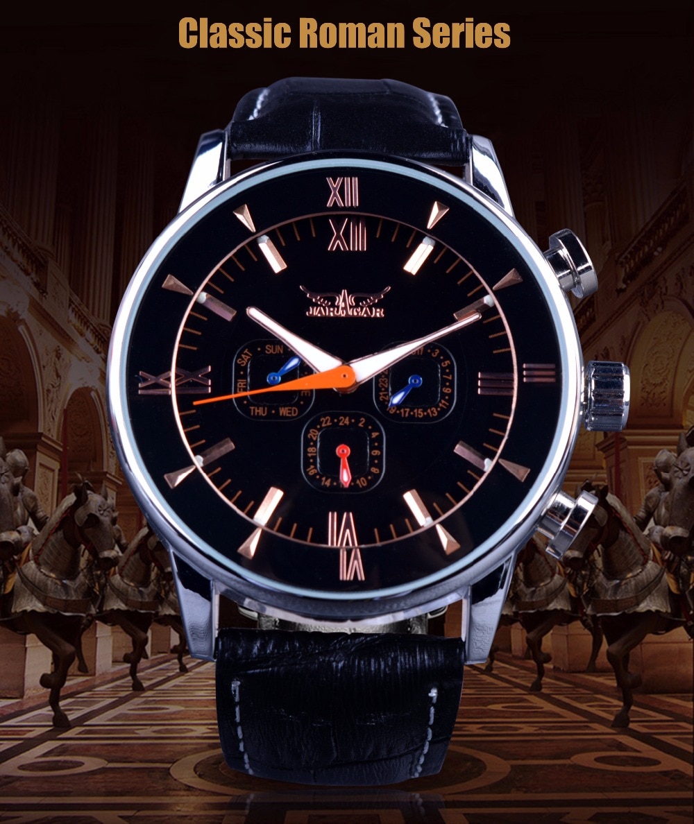 Jaragar Klassieke Automatische 6 Handen Kalender Lichtgevende Handen Zwart Lederen Band Heren Horloges Business Luxe Mechanische Mannelijke Klok