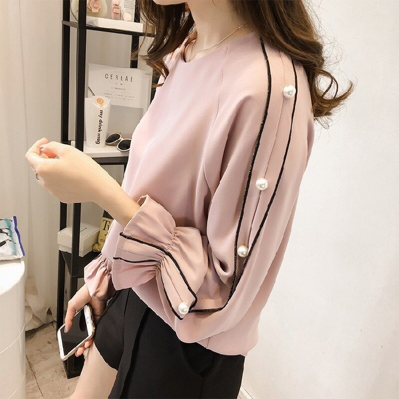 Women Blouses Chiffon O Neck Blouse Office Female Tops Long Sleeve Korea Pearl Women's Shirt Blusas Plus Size