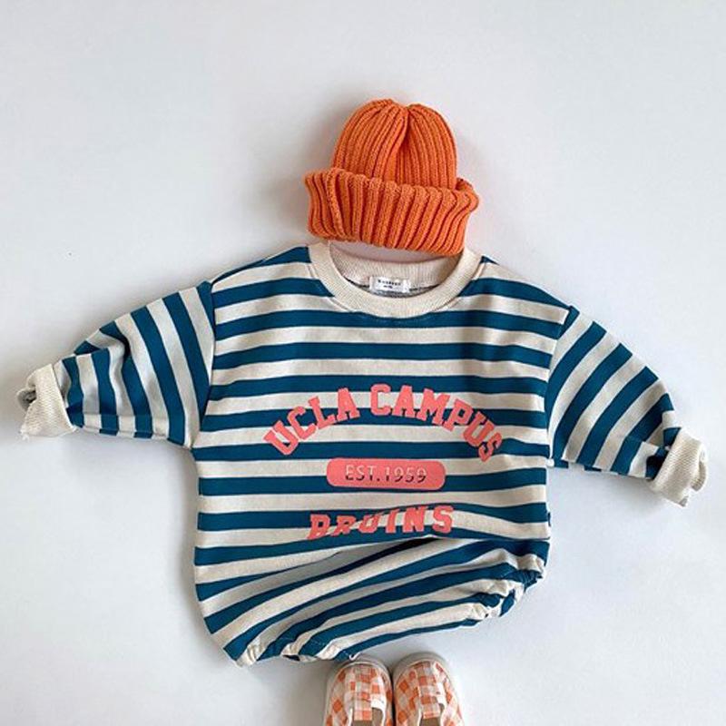 Outono bebê bodysuits manga longa casual roupas de bebê carta impressão infantil meninos macacões listrado meninas onesie: 1959blue / 24 m