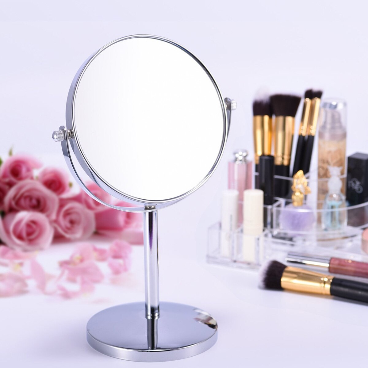 Metal large makeup mirror, double-sided desktop table, vertical dressing table, makeup mirror, round desktop rotating mirror