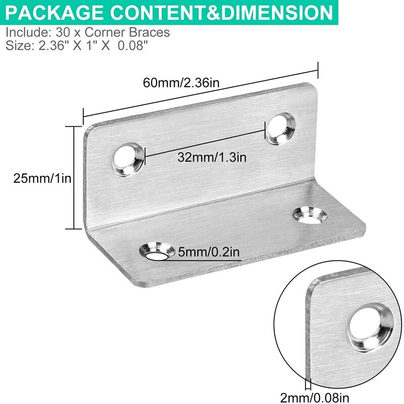 30Pcs Stainless Steel Angle Brackets, 90 Degree Inner Angle Brackets, L-Shaped Bracket Connection Fasteners