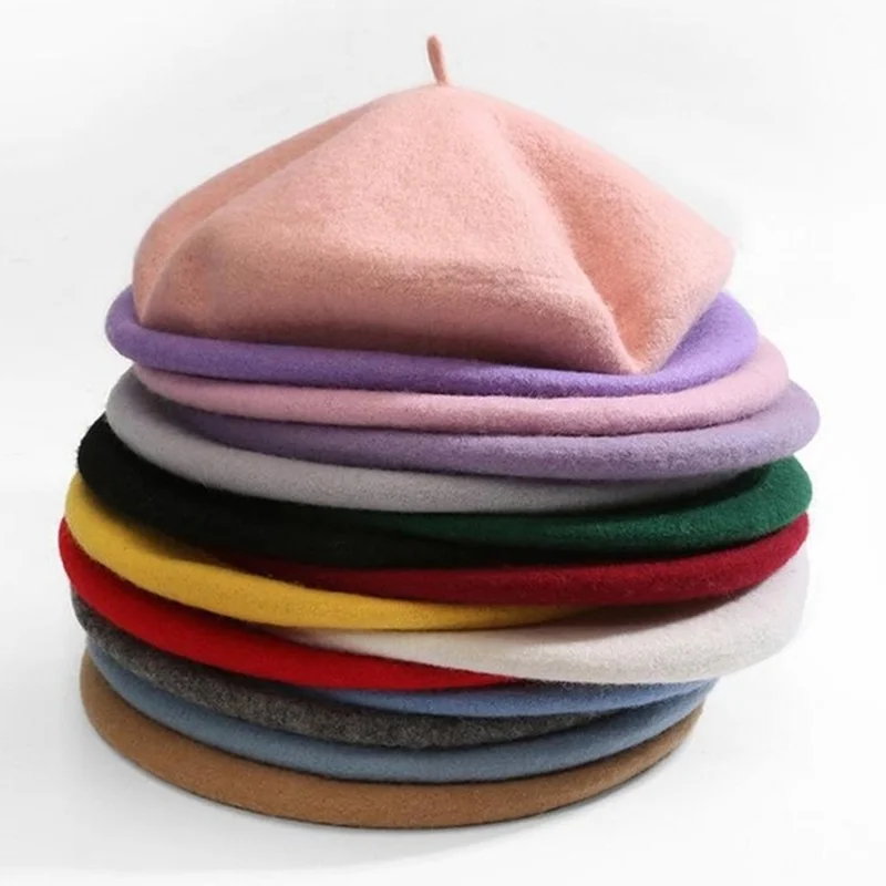 Kobiety Dziewczyny Beret Francuskie wełniane czapki Ciepła zimowa czapka Berety Vintage Berety w jednolitym kolorze Eleganckie damskie czapki zimowe Czapki
