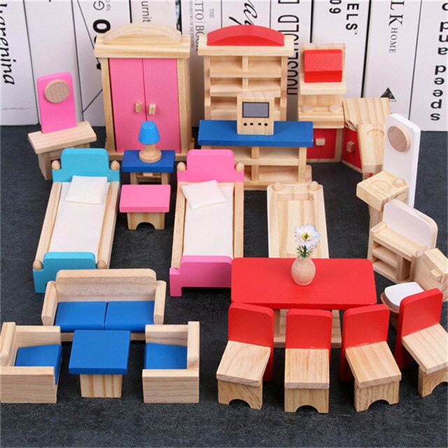 Kleurrijke houten poppenhuismeubels, houten miniatuur keukenhuismeubels, poppendecoratie-accessoires, fantasiespel, kinderspeelgoed: B
