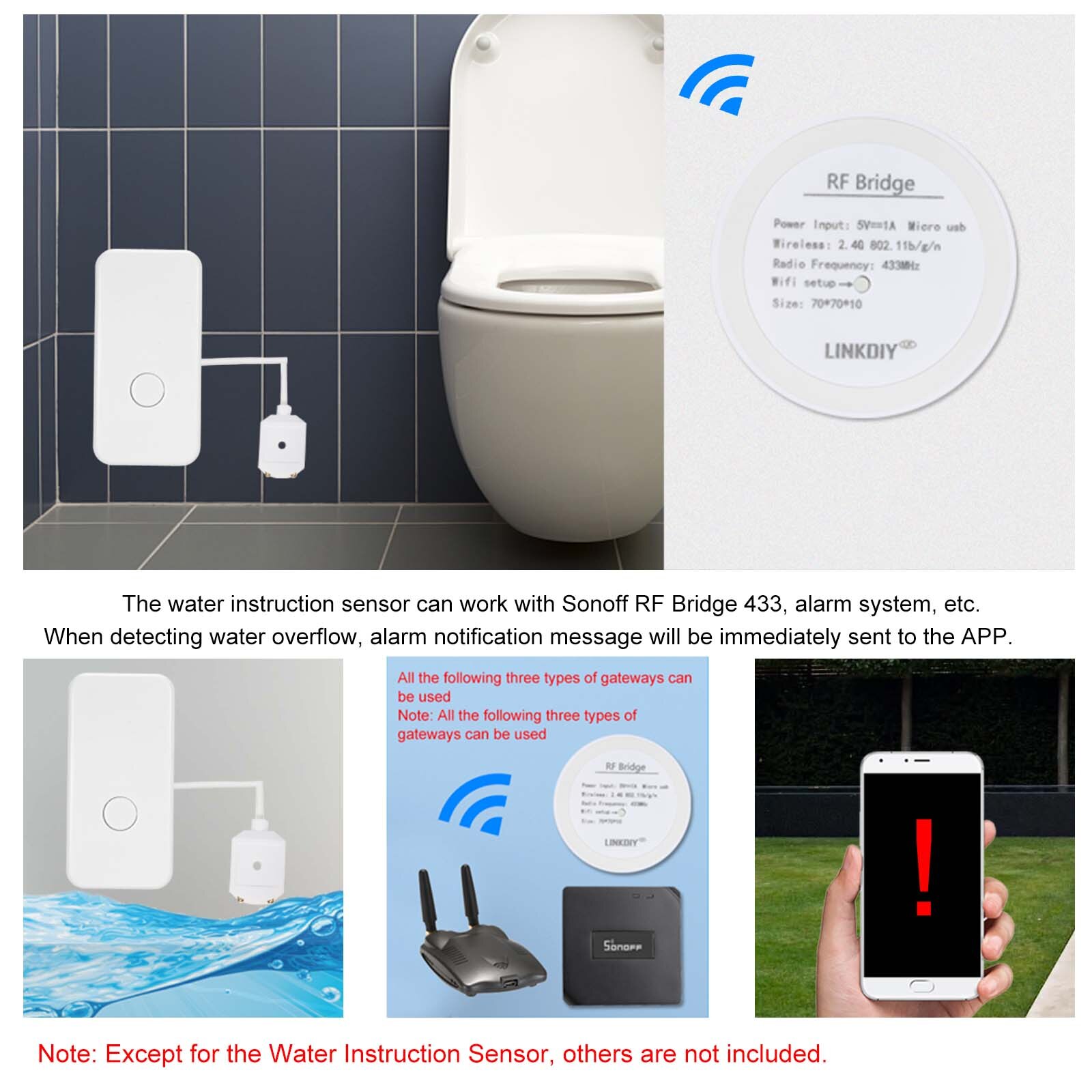 eWeLink 433MHz Wireless Water Leakage Sensor Water Leaks Intrusion Detector Alert Water Level Overflow Alarm for Home House