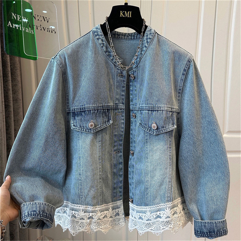 2022 Frühjahr neue Rundhalsausschnitt Saum Nähte Spitze Denim Mantel Bluse verlieren lässige oben