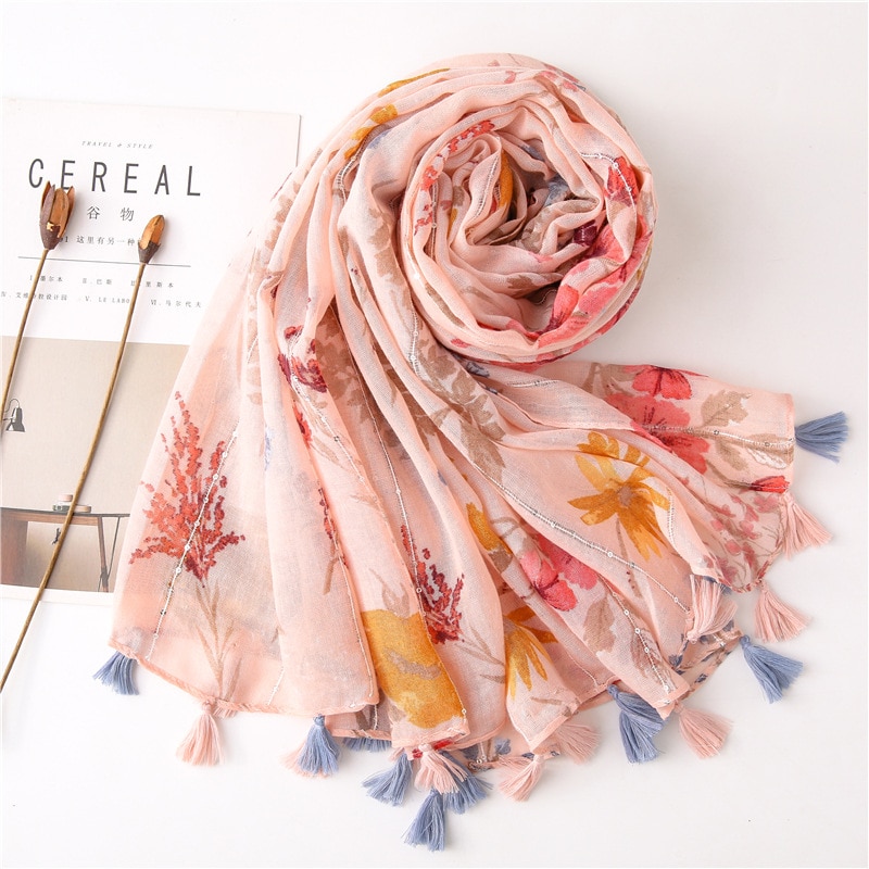 Visose halsduk kvinnor handgjorda paljetter halsdukar sjalar blomma blomma tryckt halsduk tofsar pashmina filt foulard scarfs