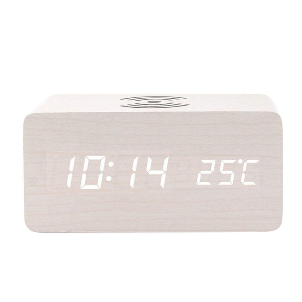 Multicolor Geluid Controle Houten Hout Vierkante Led Wekker Desktop Tafel Digitale Thermometer Houten Usb/Aaa Datum Display: WHITE