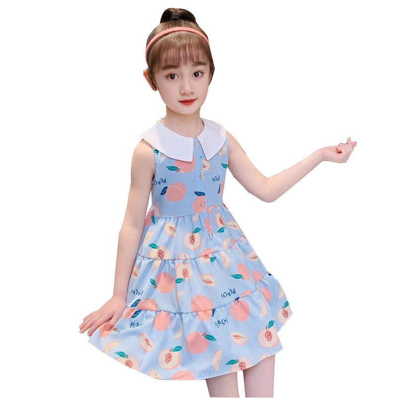 Vestito estivo da ragazza vestito Casual da bambina a trapezio al ginocchio con stampa di frutta vestito da bambina elegante in cotone con fiocco in cotone per bambina