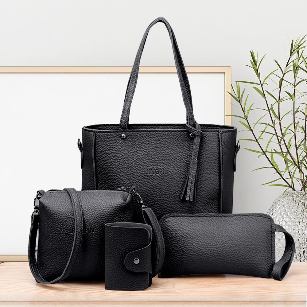 Conjunto de bolsos de hombro con borlas de Lichi para mujer, bandoleras cruzadas de piel sintética con asa superior, estilo informal, a la , 4 unids/set