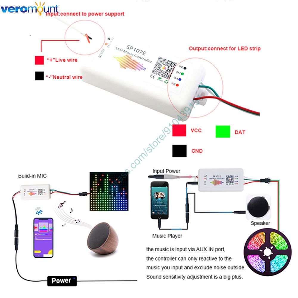 LED Chord SP107E Music LED Controller Bluetooth Andorid iOs APP Control DC5-24V for WS2812 SK6812 Pixel Addressable LED Strip