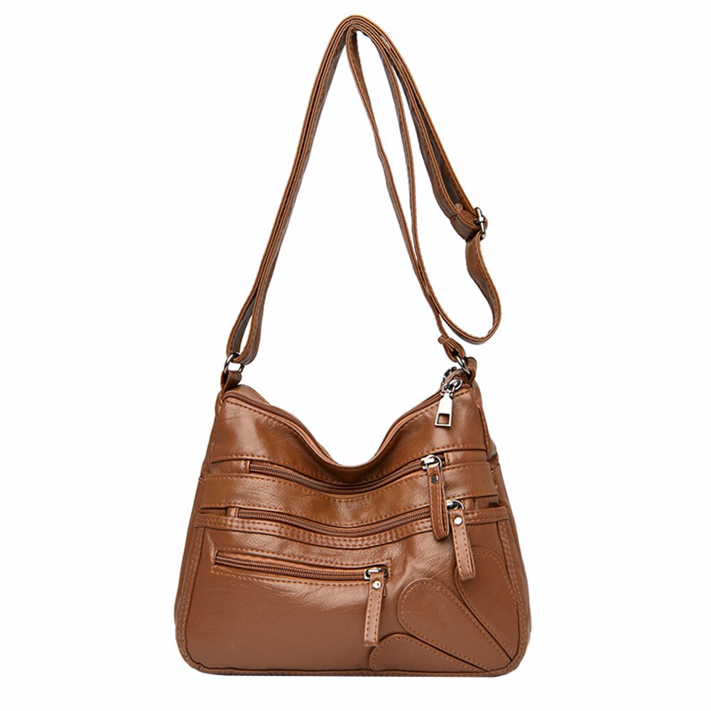Solid Crossbody Bag Casual Women PU Shopping Street Shoulder Bags Large Capacity Multi-zipper Mother Top-handle Handbags: Brown E