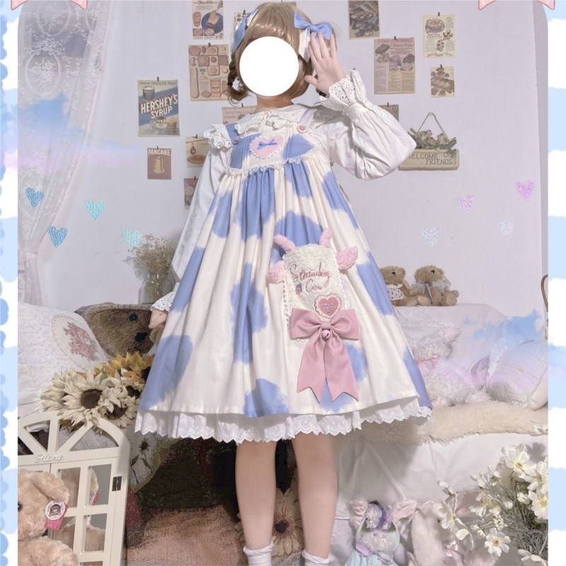 Hstar Pink Lolita Kawaii Milk Cake Cow Print Lolita Dress Jsk Japanese Tea Party Lolita Daily Princess Dress Multiple Colors