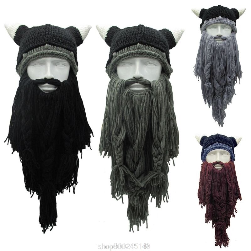Vuxen cosplay stickad vikinga skägg horn hatt skidmask barbar vagabond vintage mössa vintervärmare  n12 20