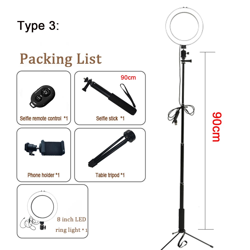 8 pollici A LED Anello di Luce con il Treppiedi USB Anello Lampada Fotografica Selfie con il Supporto Del Telefono per il Trucco Youtube Live In Studio: Type 3