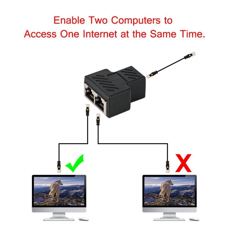 1 To 2 Ways Ethernet Cable Adapter RJ45 Dual Female Port CAT5/CAT 6 LAN Ethernet Sockt for Internet Cable Connection Black