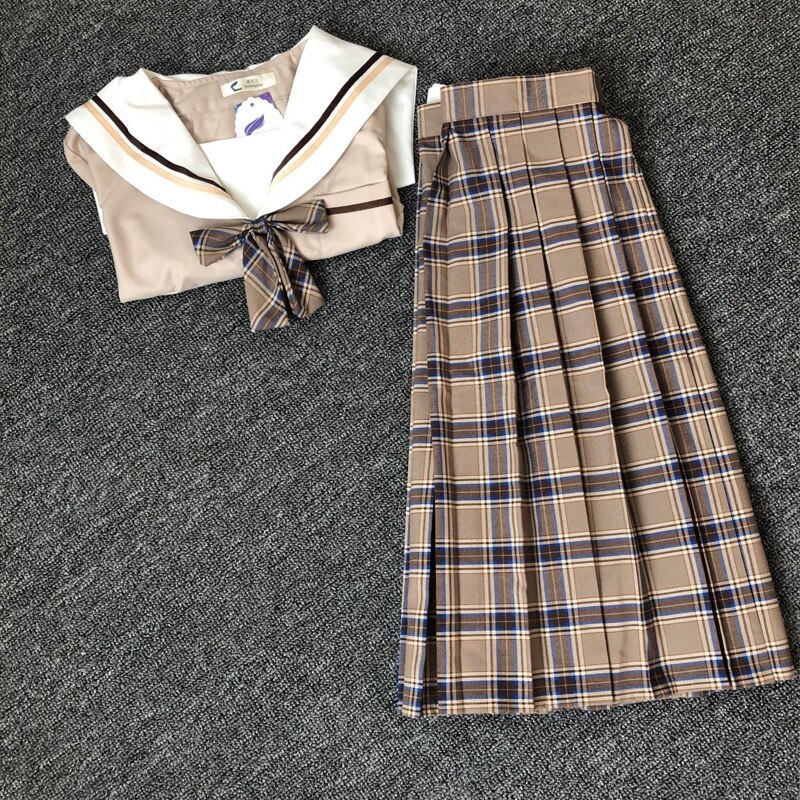 School Dresses Japanese College Middle School Uniform For Girls Jk Uniforms Lady Sailor Suit Tea Brown Color Plaid Pleated Skirt