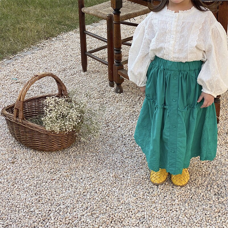 Ropa coreana para niños, novedad de primavera 2022, falda larga de encaje verde para niñas, falda de princesa coreana